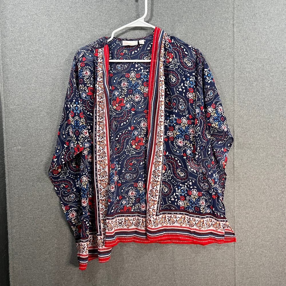 Belle by Kim Gravel Border Print Woven Cardigan Navy, Small